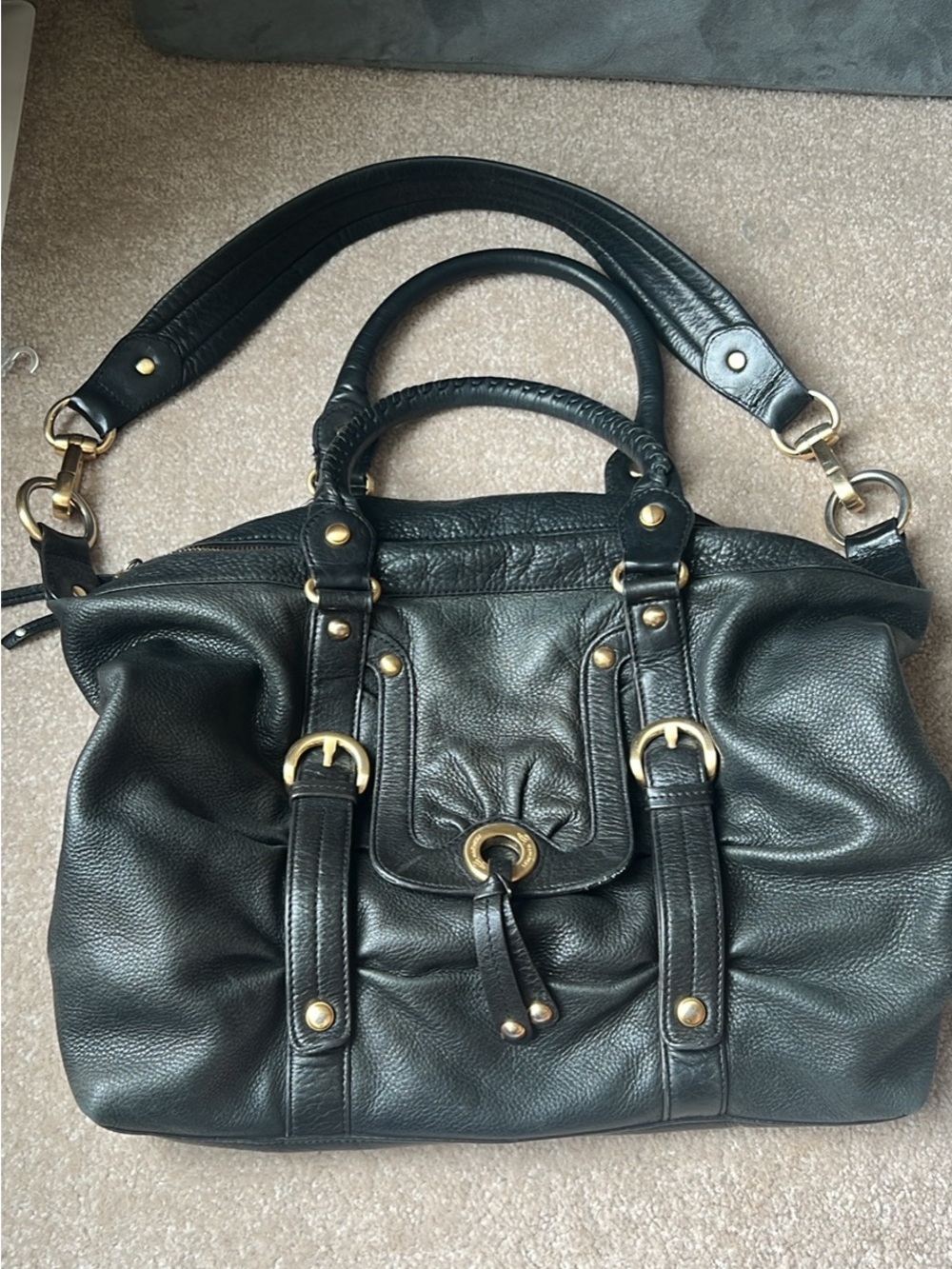 Slouchy Black Leather Satchel Handbag - Gold Hardware